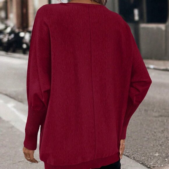 Burgundy Casual Women's Batwing Sleeve Double Pocket Sweater - Picture 2 of 6